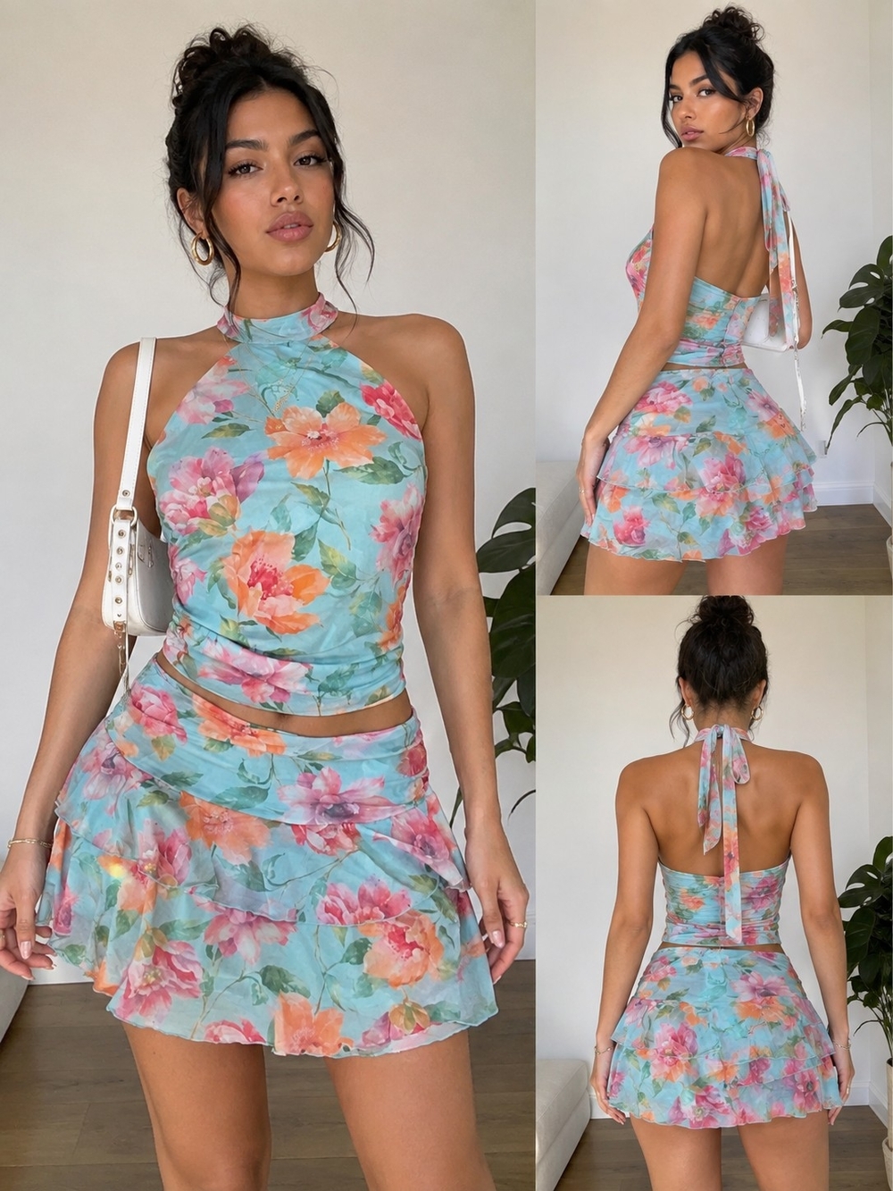 Floral Halter Two Piece Set in Aqua
